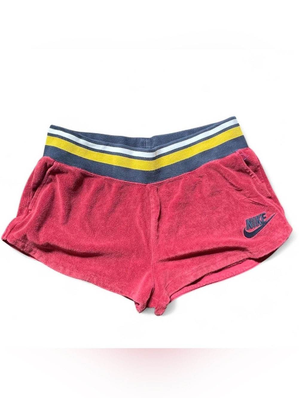 Cool colorful Nike Terry Maroon Mini Shorts w/ Navy, Yellow and White Waistband